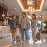 smiling-family-four-enters-hotel-lobby-check-reception-vacation