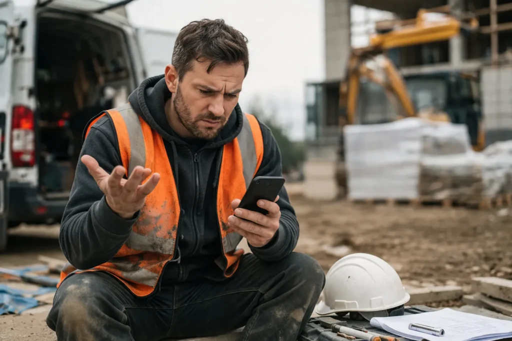 Frustrated installer on site checking phone during construction work