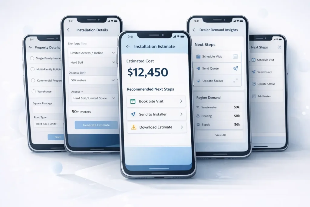 Installation estimator app on mobile showing project cost, inputs, analytics and next steps