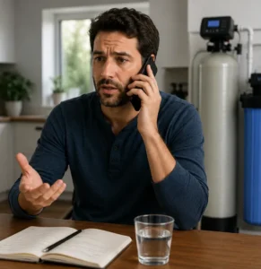 Customer discussing residential water treatment requirements during a phone enquiry while installation details are reviewed.