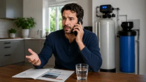 Customer discussing residential water treatment requirements during a phone enquiry while installation details are reviewed.