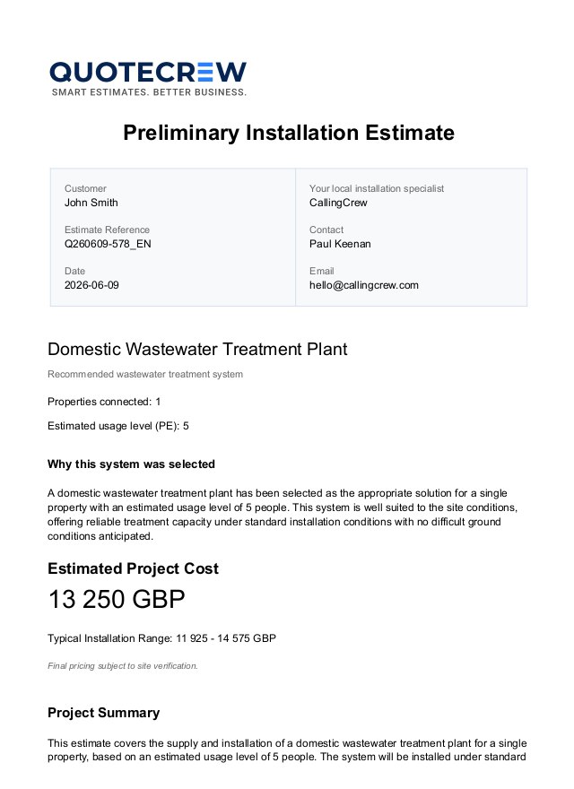 Wastewater installation estimate PDF showing recommended system, estimated project cost, pricing range, and project summary generated by QUOTECREW.