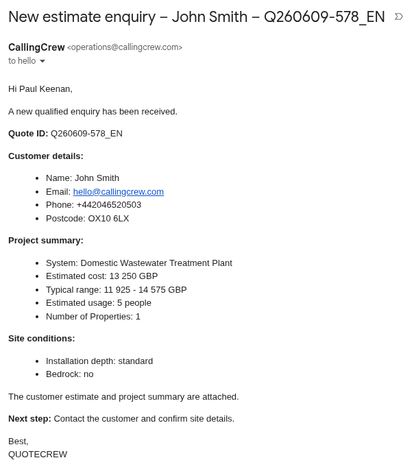 Dealer notification email showing a new wastewater estimate enquiry with customer details, estimated project overview, site conditions, and follow-up instructions.