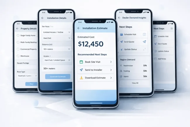Mobile app screens showing QuoteCrew estimator flow - property details, installation inputs, cost estimate and dealer demand insights